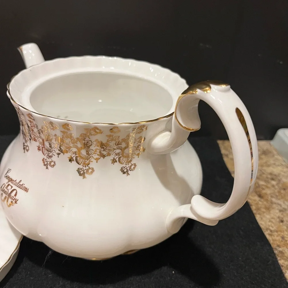Vintage Royal Albert 50th Anniversary Elegant White and Gold Teapot, England